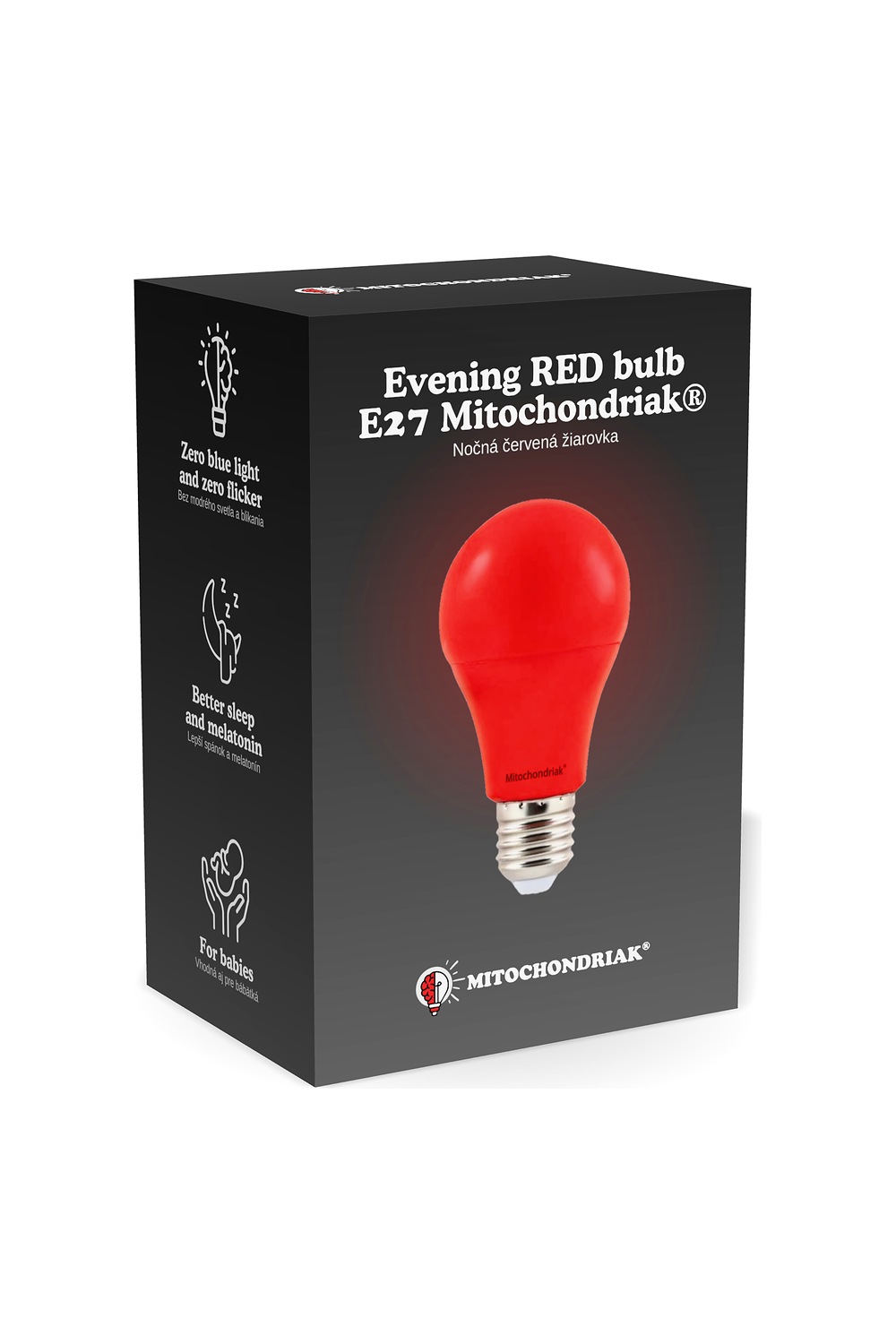 Box of the red bulb E27 Mitochondriak®, front view