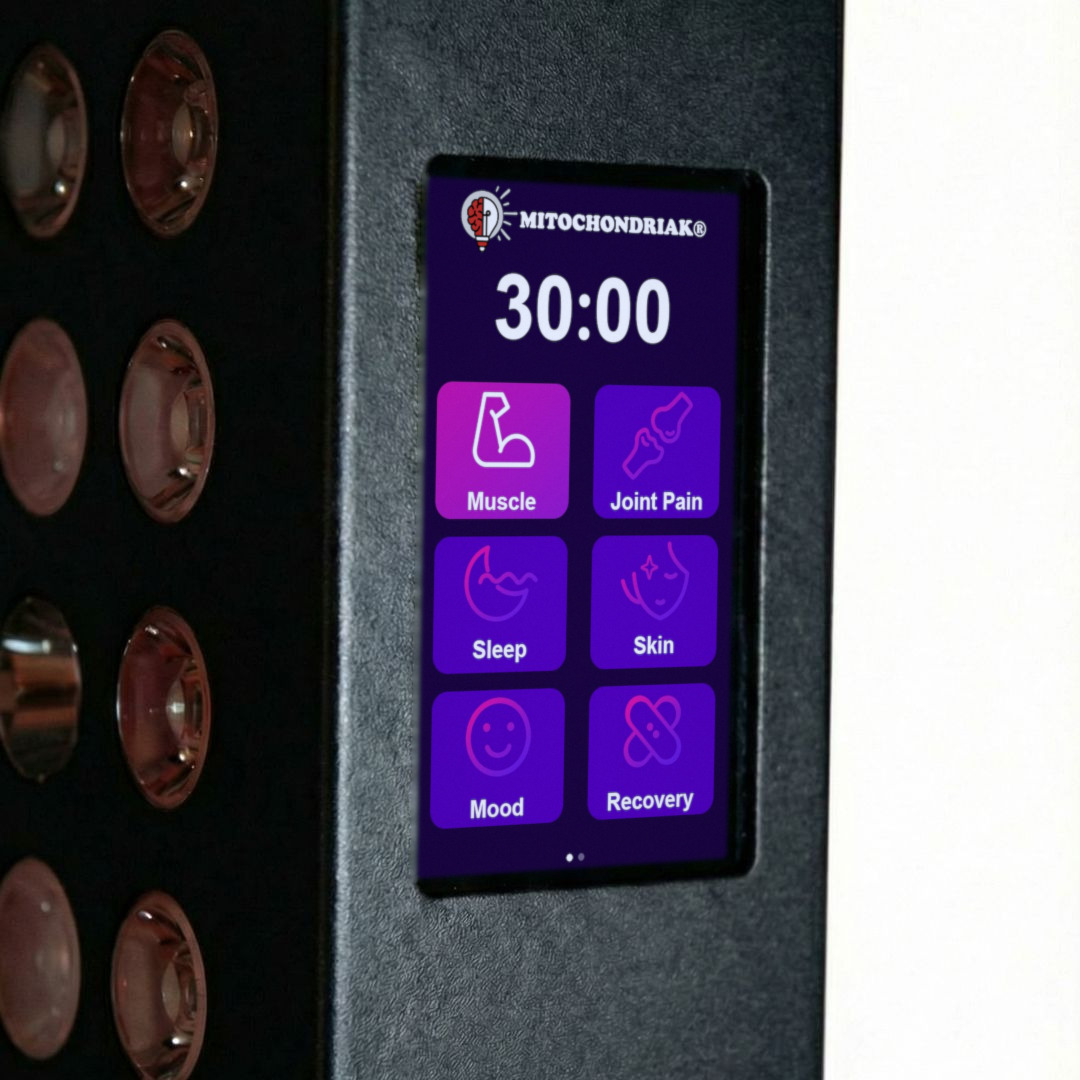 Ekran dotykowy panelu Mitochondriak® nowej generacji: gotowe programy Muscle, Joint Pain, Sleep, Skin, Mood i Recovery
