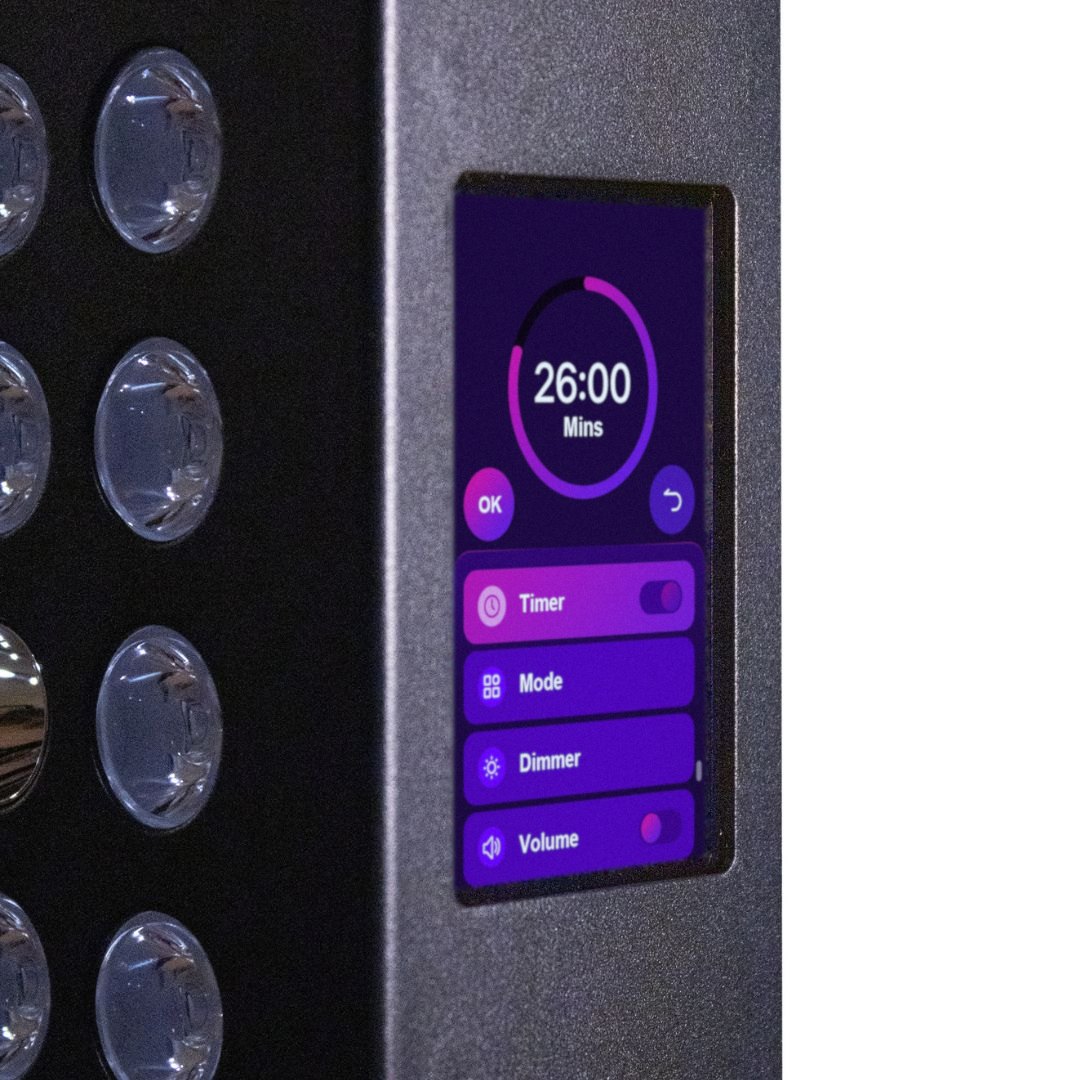 Ekran dotykowy panelu Mitochondriak® nowej generacji: timer 26 minut ustawiony przesunięciem palca