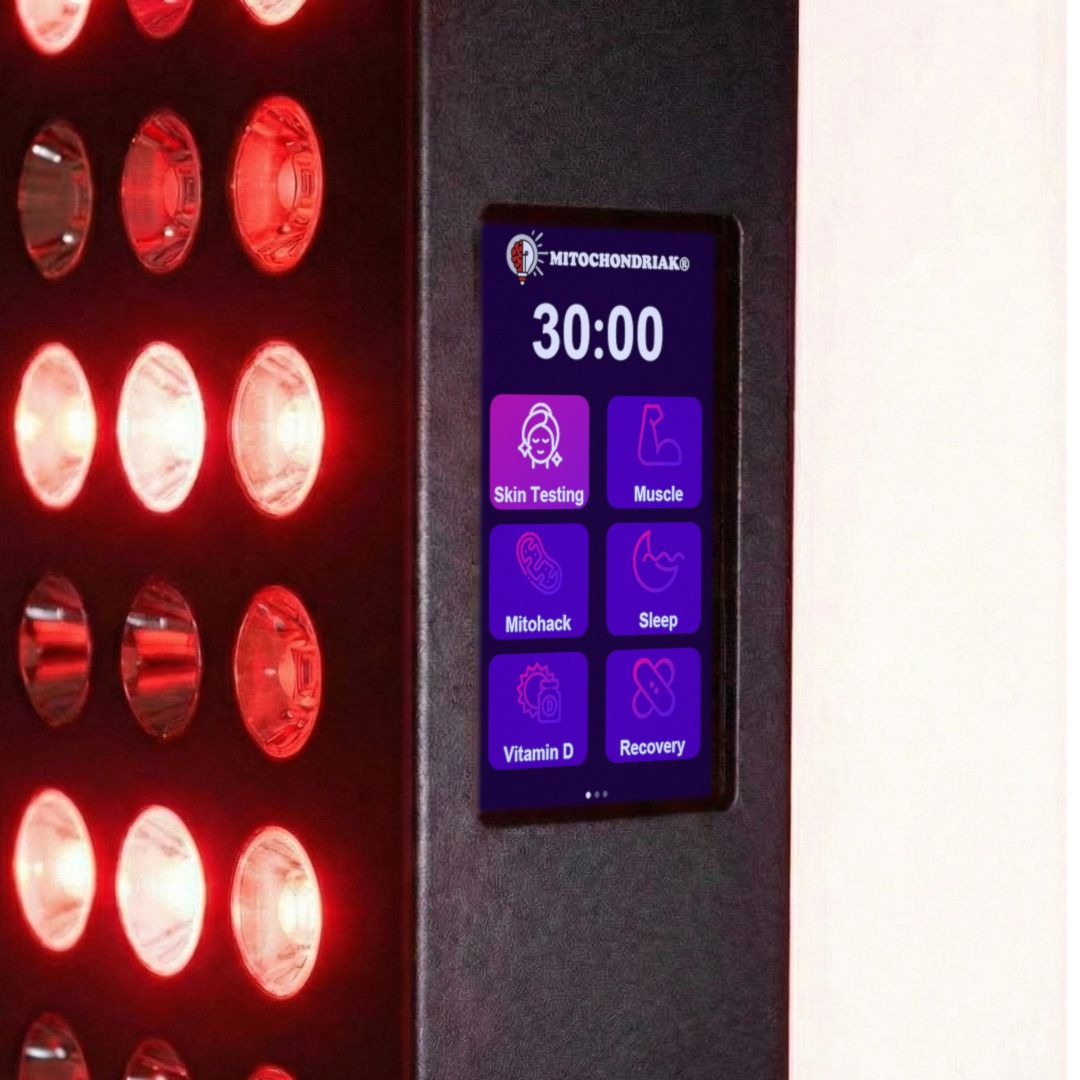 Infrapanel Mitochondriak® z włączonym światłem czerwonym i ekranem dotykowym z programami Skin Testing, Muscle, Mitohack, Sleep, Vitamin D i Recovery