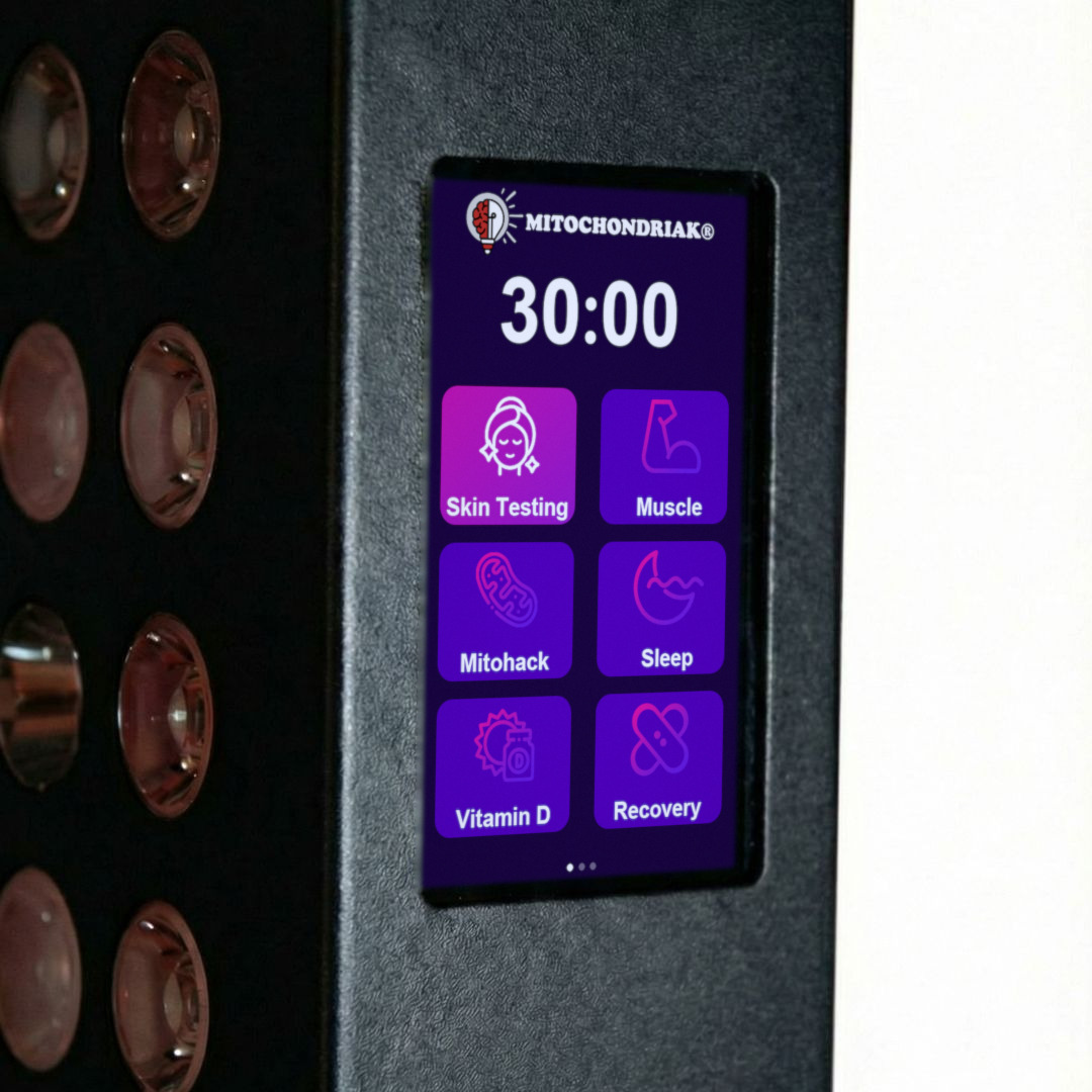 Ekran dotykowy infrapanelu Mitochondriak® z gotowymi programami Skin Testing, Muscle, Mitohack, Sleep, Vitamin D i Recovery